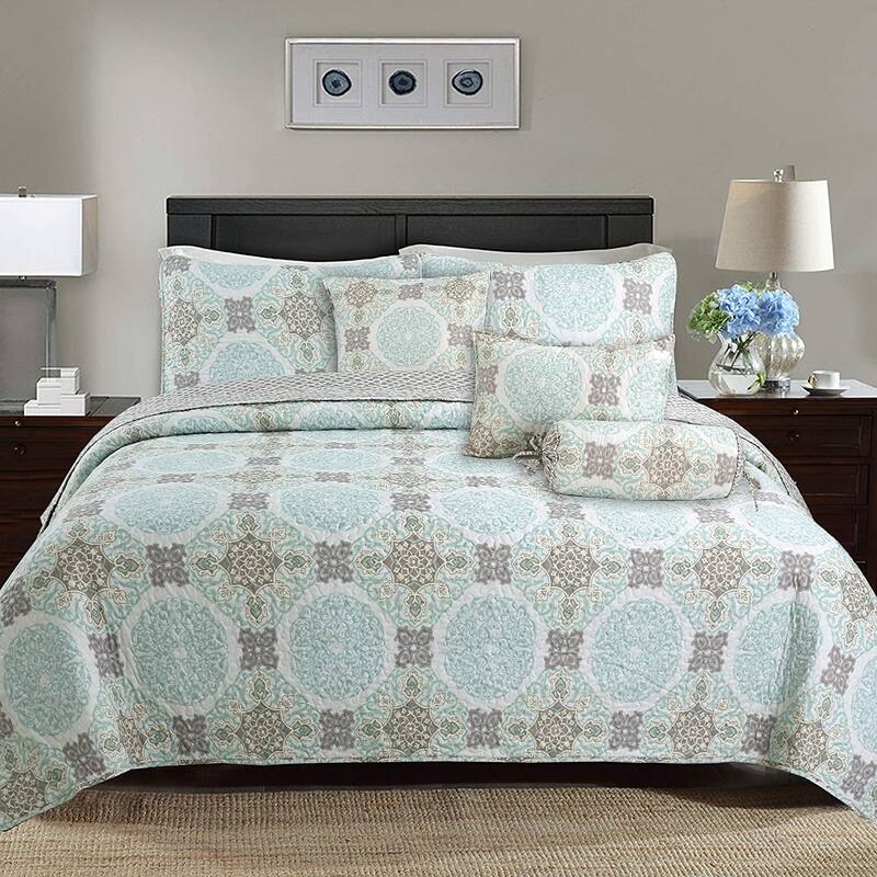 Cozy Line Light Green Aqua Damask Reversible Bedding Quilt Set