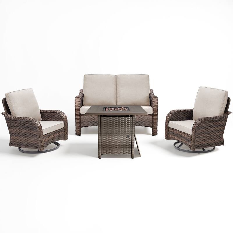 Pocassy Patio Funiture Sofa Swivel Chair Ottoman with Fire Table Set