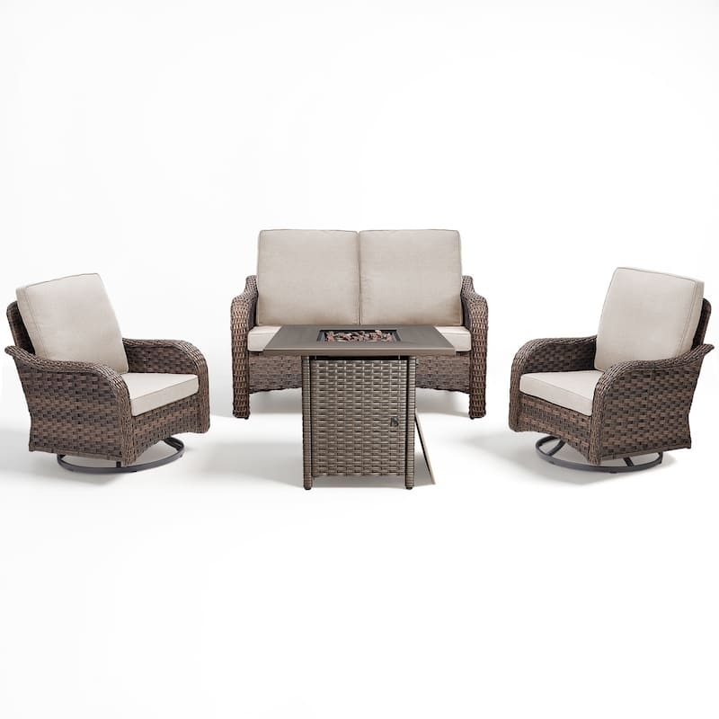 Pocassy Patio Loveseat Swivel Chair with Fire Table Set