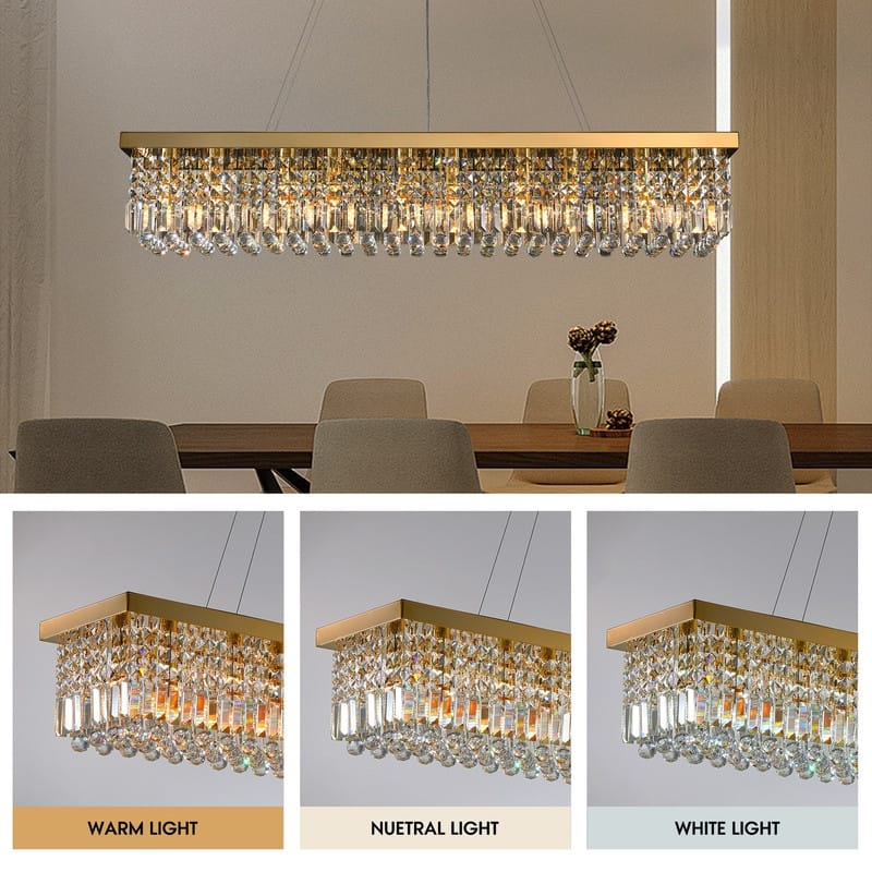 47 in. Gold Crystal Chandelier 10-Light Modern Rectangular Crystal Raindrop Chandelier for Kitchen Island Dining Room