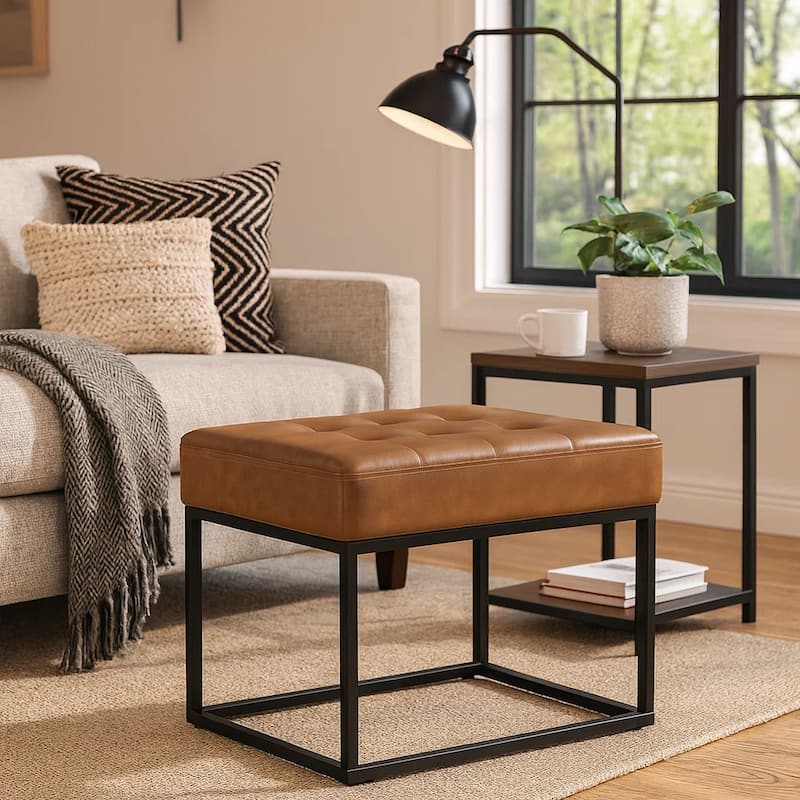 Kai Ottoman Footstool, Carmel Brown Faux Leather, Black Metal, 22 Inch