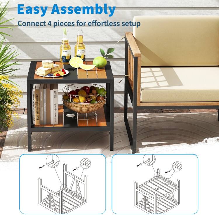 Black-Natural Metal 2-Tier Outdoor Side Table with Wood-Like Top and Umbrella Hole - 20.5" x 18" x 18"