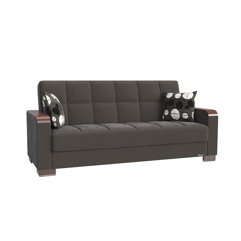 HomeRoots 87" Dark Gray Chenille Convertible Futon Sleeper Sofa With Toss Pillows And Storage