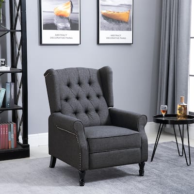 Dark Grey Linen Recliner Chair with Footrest, Tufted and Wing-Back