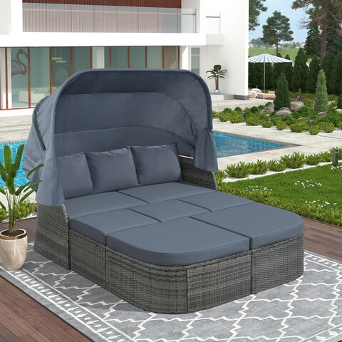 Outdoor Wicker Daybed Sunbed with Retractable Canopy