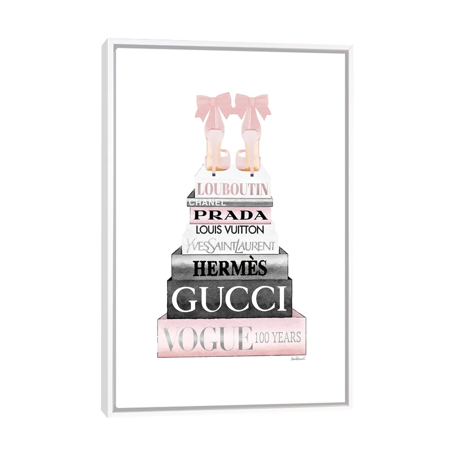 Framed Canvas Art (White Floating Frame) - Tall Pink and Silver with Bow Shoes, by Amanda Greenwood ( Fashion > Prada art) - 26x18 in