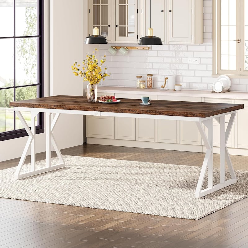 Farmhouse Dining Table for 6 People, 70.8-Inch Rectangular Wood Kitchen Table - 78.74” L x 27.56” W - Brown/White
