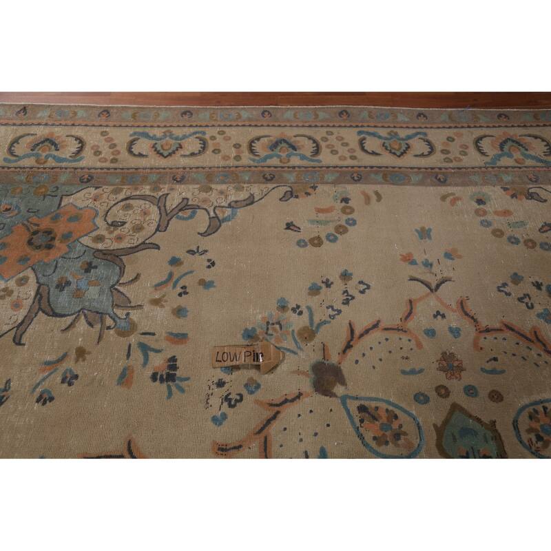 Tabriz Persian Vintage Area Rug Hand-Knotted Beige Wool Carpet - 9'6"x 12'5"