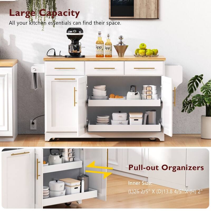 59" Rolling Kitchen Island on Wheels with Trash Can Storage Cabinet, Island Table for Kitchen with Power Outlet, Storage Rack