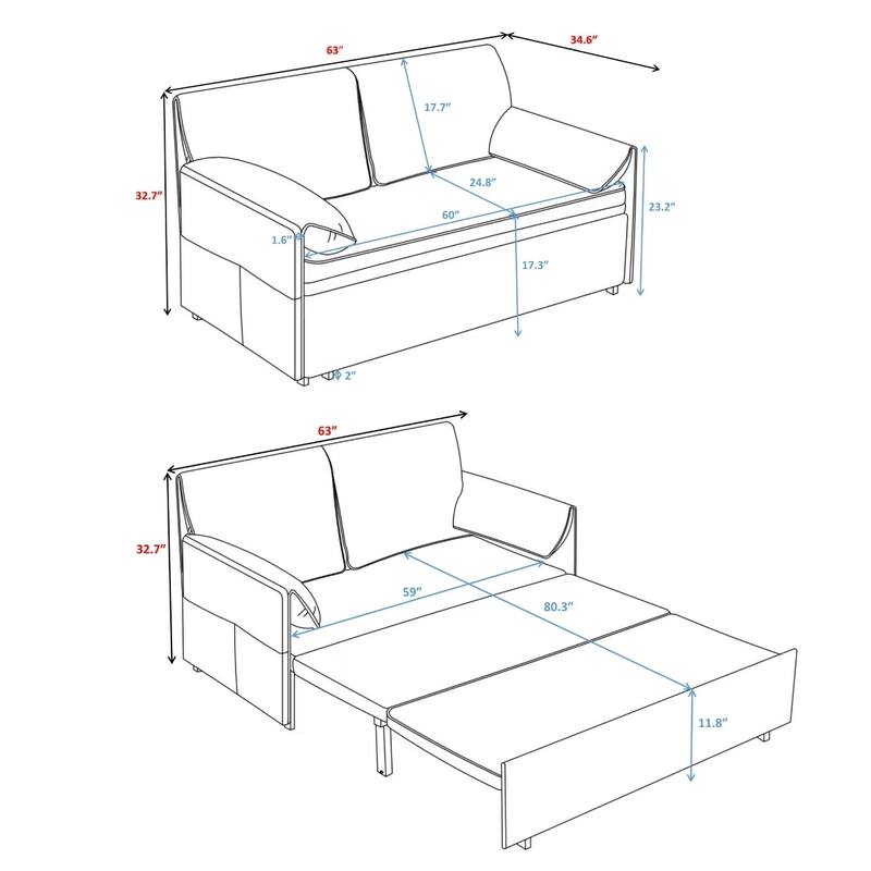 63 inch Grey Velvet Variable Sofa Bed with Double Armrest, Convertible to King Size Bed