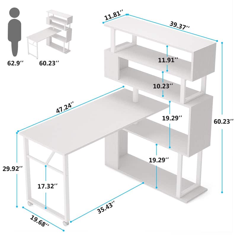 Rotating L Shaped Desk with Storage Bookshelf for Home Office