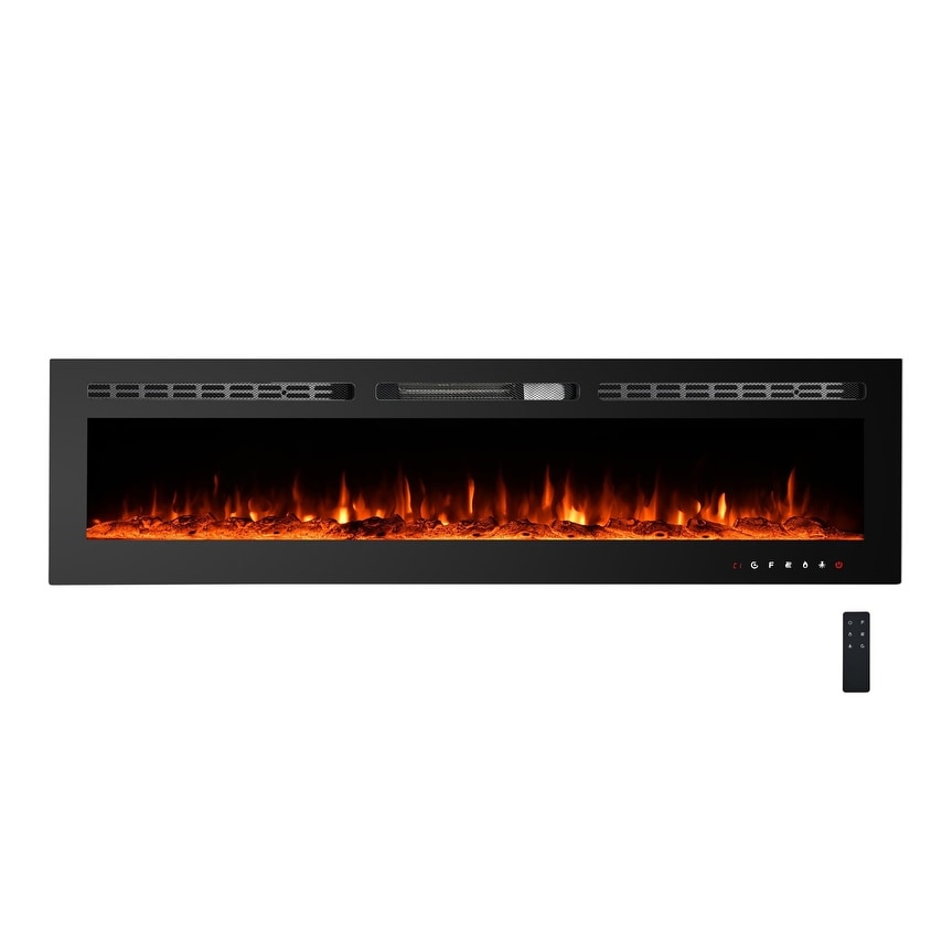Mounted Electric Fireplace, 750/1500W, Remote, Touch Thermostat 60-99°F, Timer, Log and Crystal