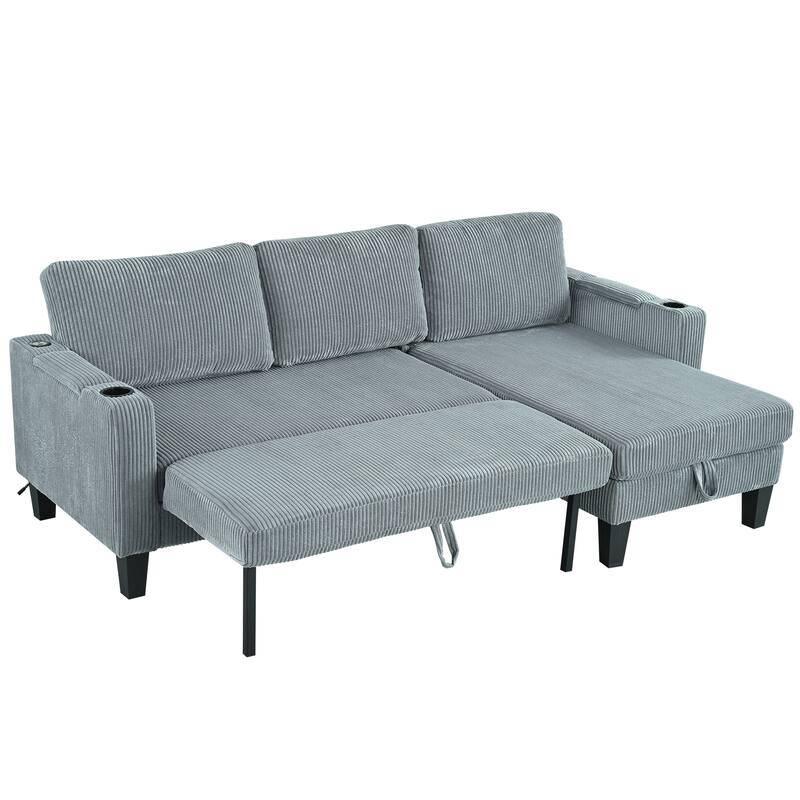 Reversible L-Shaped Sectional Sofa with Storage Chaise, USB Ports, Arm Cup Holder, Modern Corduroy Sleeper Couch for Living Room