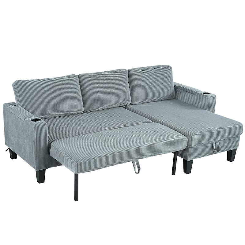 Reversible Sectional Sleeper Sofa, Gray Corduroy L-Shaped Couch with Storage, Cup Holders & USB Ports