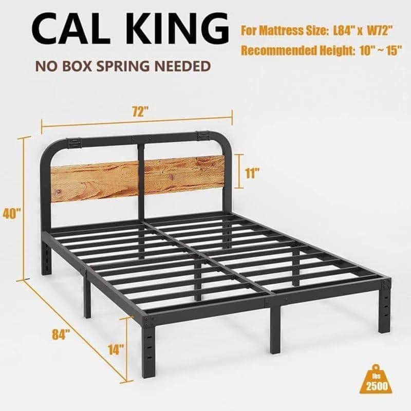Black Metal Platform Bed Frame with Rustic Wood Headboard and Strong Steel Slats Under Bed Storage