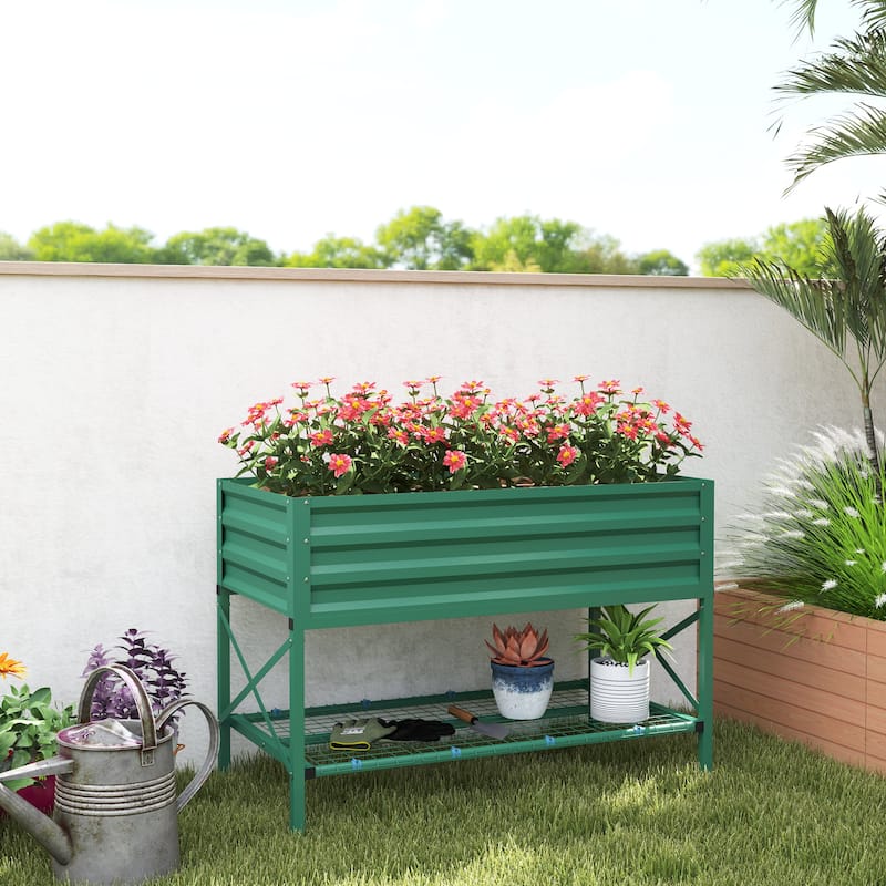 Outsunny Raised Garden Bed with Galvanized Steel Frame, Storage Shelf and Bed Liner, Elevated Planter Box