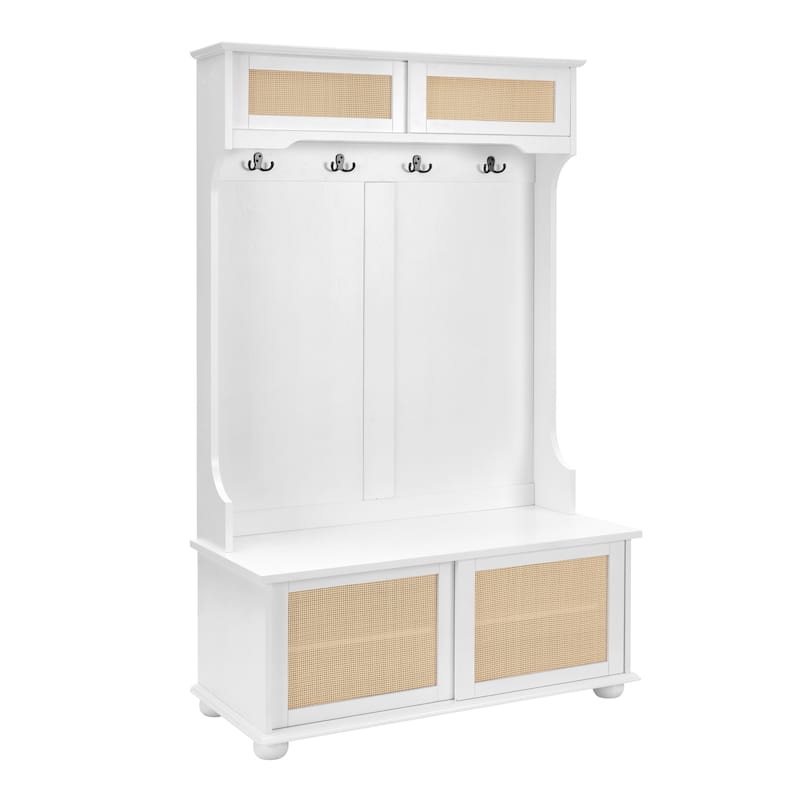 Entryway Coat Rack Bench Storage Bench with Rattan Door Shelves, Rustic Hallway Hall Tree Indoor Bench with Cabinet