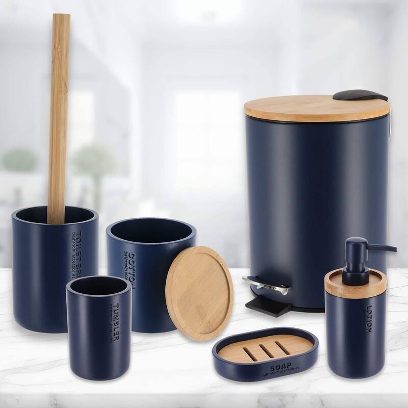 Bathroom Accessories with Natural Accents, Modern 6-piece Set - Navy Blue