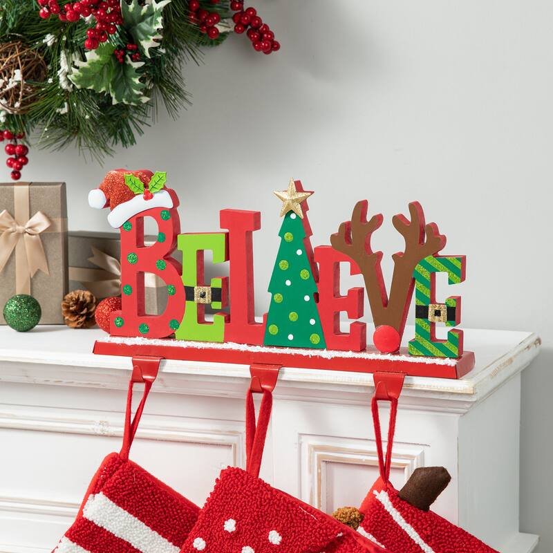 Glitzhome 7.75" H Wooden/Metal BELIEVE Christmas Stocking Holder Mantel Ornament