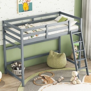 Fun Design Pine Loft Bed with inclined Ladder, Guardrails and Under Bed Capacious Space, Twin Size