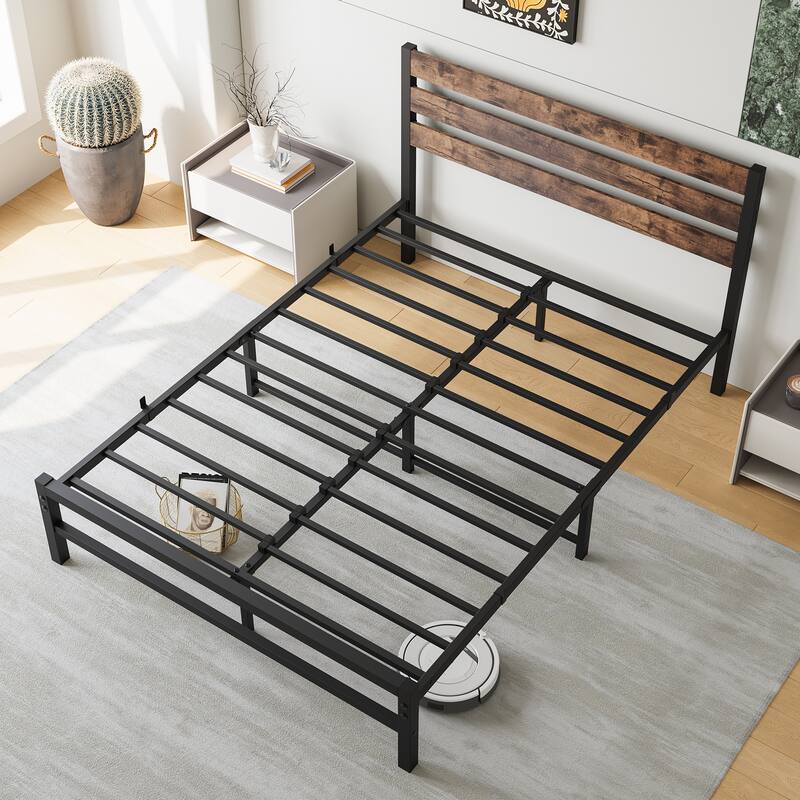 Metal Platform Bed with Rustic Wooden Headboard