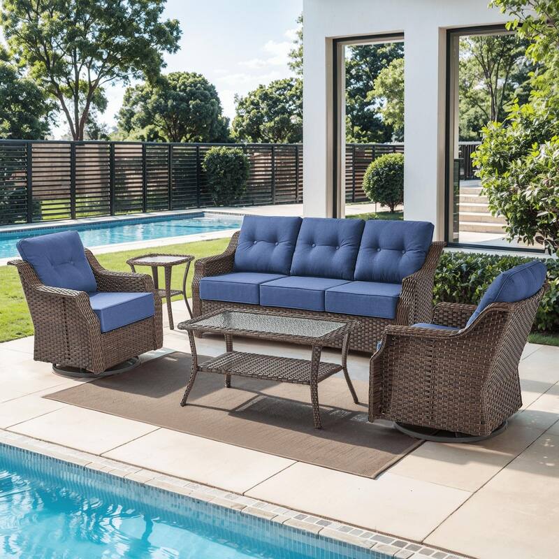 5PCS Outdoor Sofa Glider Chair with Table - Brown Wicker & Blue Cushion - 5PCS Sofa Glider Chair with Table