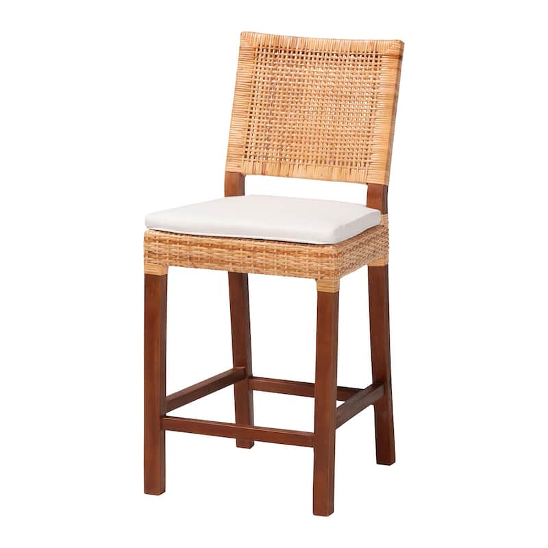 Lesia Natural Rattan Counter Stool with Cushion - Handwoven Wicker Stool with Mahogany Wood Frame, Coastal Boho Style - Light Honey/Walnut Brown