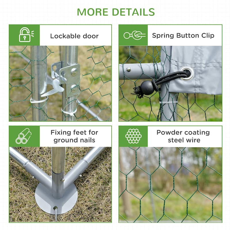 Silver Galvanized Steel Chicken Coop with Powder-Coated Mesh and Lockable Door Large Outdoor Run