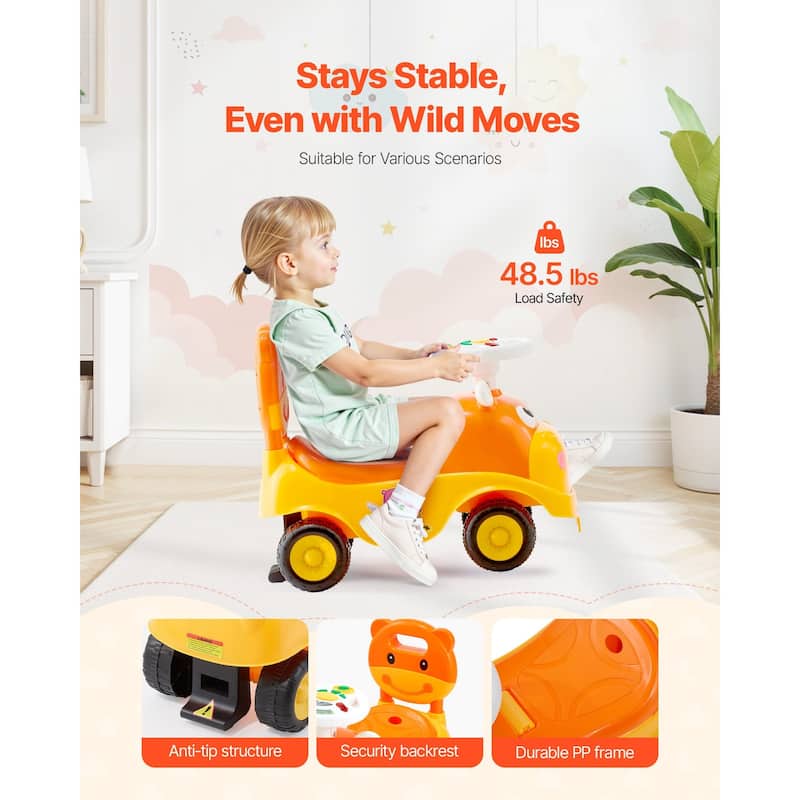Kids Ride-On Toy with Music, Horn, and Under-Seat Storage - 19.7 x 9.4 x 16.3 in