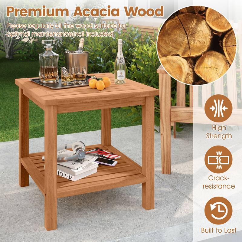Gymax 2-Tier Patio Acacia Wood Side Table w/Slatted Tabletop Storage