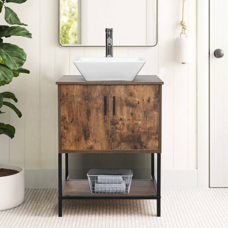 24" Bathroom Vanity Sink Set Brown Free-standing Manufactured Wood with Sink Faucet Drain Combo - white ceramic square sink