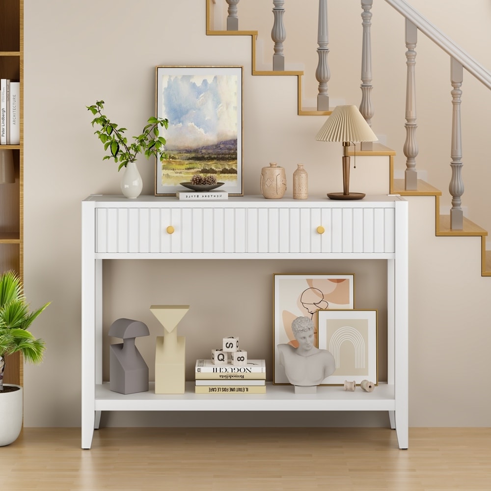 Narrow Wood Accent Sofa Table Entryway Table with Storage Shelf