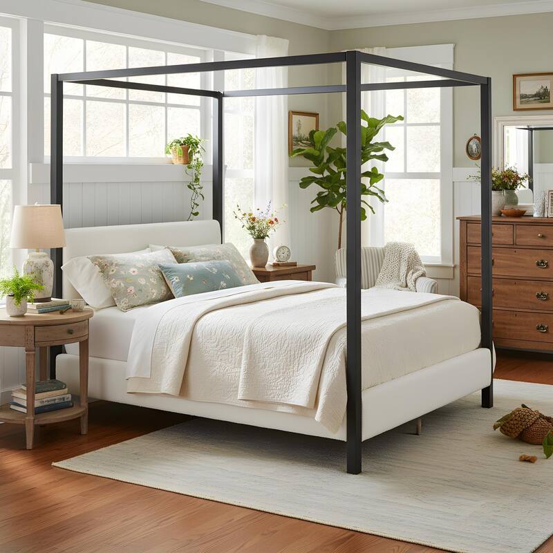 Christopher Knight Home - Mid-Century Modern Bouclé Upholstered Metal Canopy Bed Frame with Padded Headboard