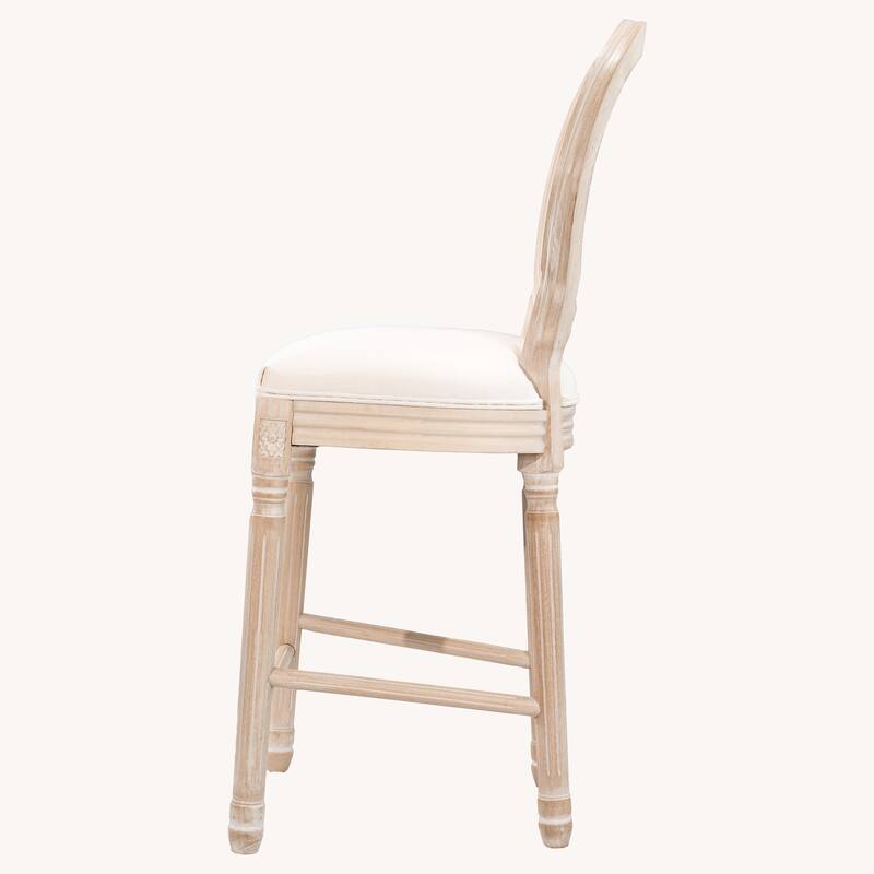 French Country Wooden Bar Stools Set of 2, Rattan Back with Beige & Natural Upholstered Seating