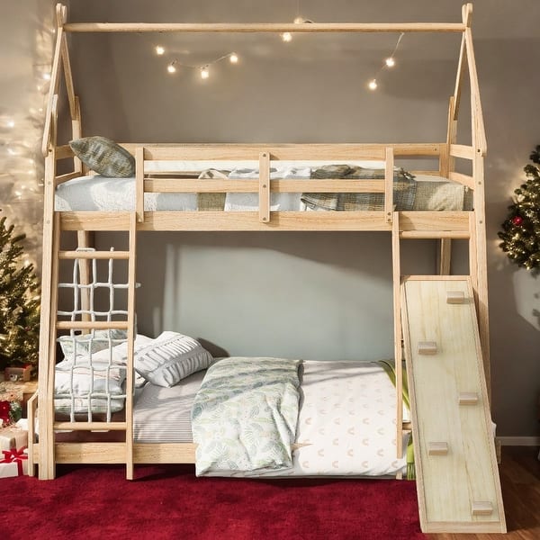 slide 2 of 9, House-Shaped Bed with Safety Guardrails, Twin over Queen Bunk Bed with Climbing Nets and Ramp For Boys and Girls, Natural Natural - Twin