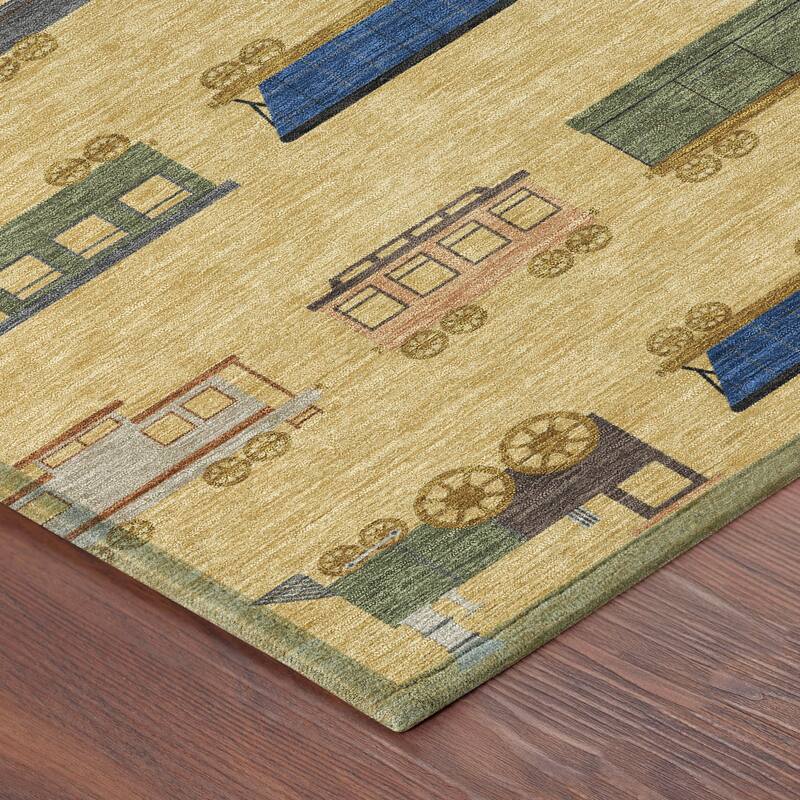 Machine Washable Indoor/ Outdoor Modern Train Chantille Rug
