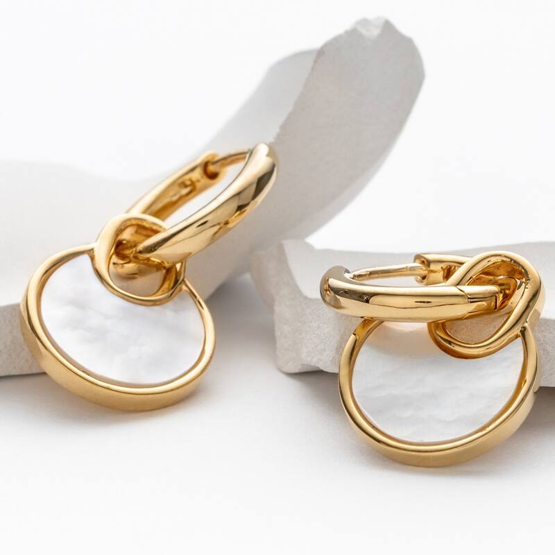 Yellow-Tone Sterling Silver Mother of Pearl Circle Earrings