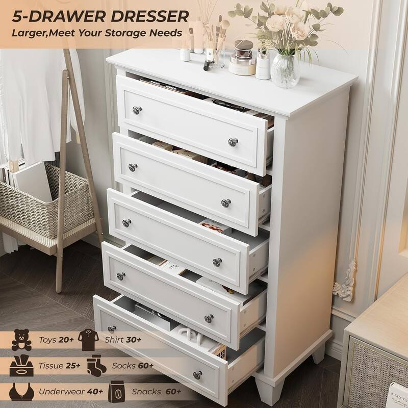 Tall Dresser for Bedroom with 5 Drawers, Chest of Drawers with Ample Storage for Closet, Living Room or Hallway