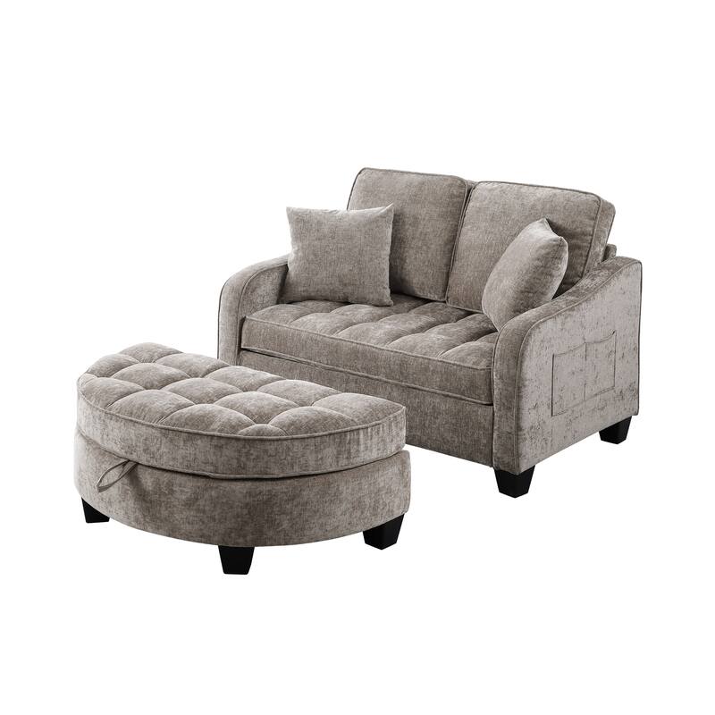Roomfitters Two-Seater Sofa Chaise with Storage Ottoman, Irregular Armrests and Backrest, Upholstered Sofa with Pillows