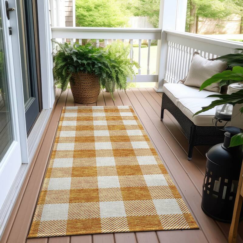 Machine Washable Indoor/ Outdoor Chantille Plaid Rug - Orange - 2'3" x 7'6"