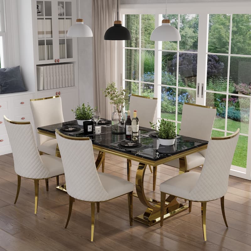 Luxurious Dining Room Table Set with Velvet Dining Chairs