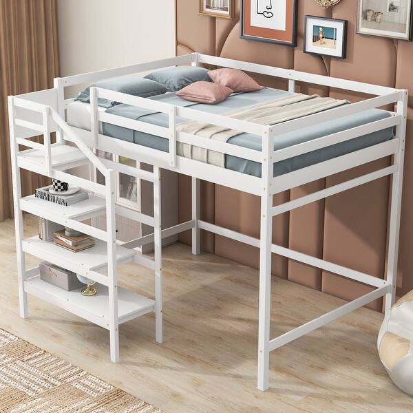 slide 2 of 11, Wooden Full Size Loft Bed with Storage Staircase and Hanger for Clothes, High Loft Bed Frame for Kids Teens Girls Boys Bedroom White - Full