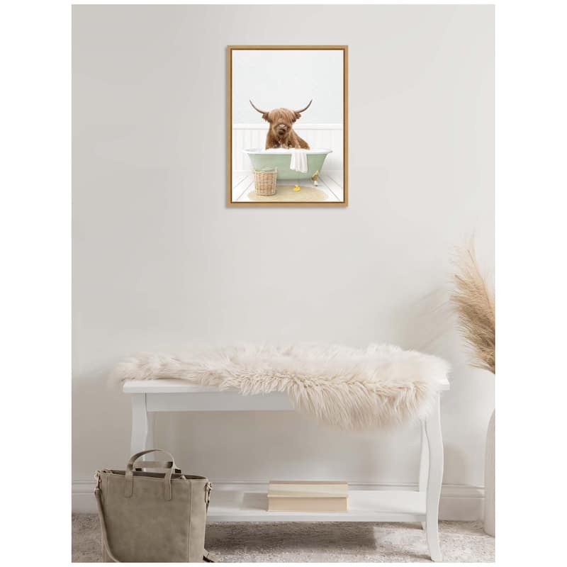 Kate and Laurel Sylvie Highland Cow in Cottage Green Bathtub Framed Canvas by Amy Peterson