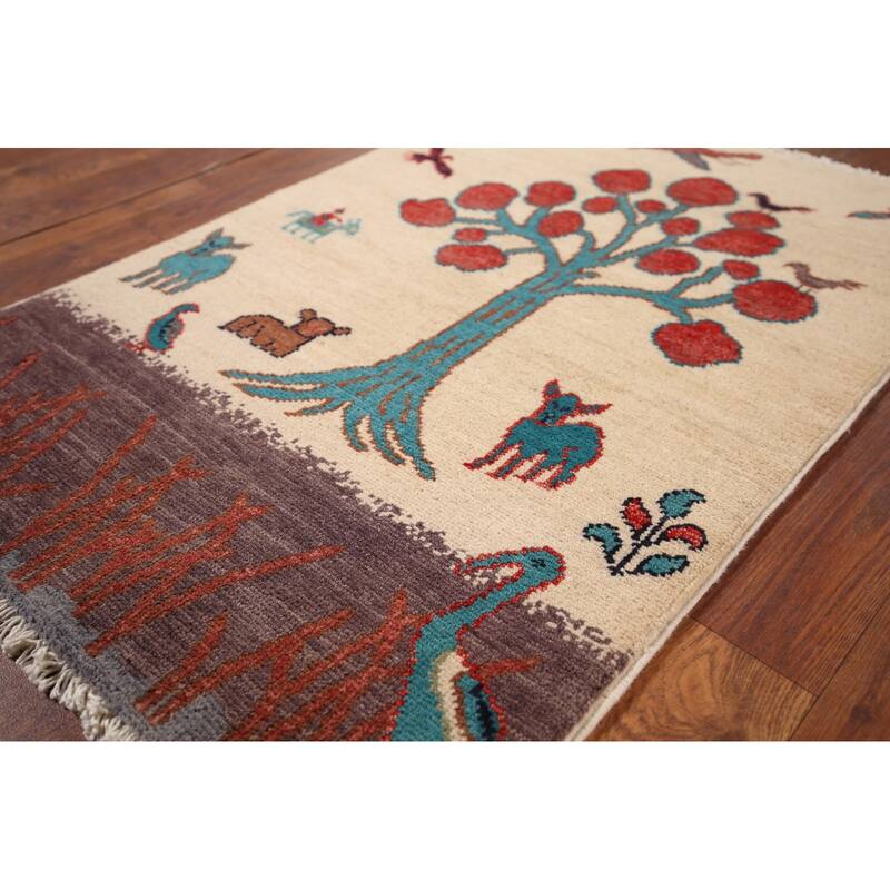 Animals Design Ziegler Foyer Rug Handmade Beige Wool Carpet - 2'0" x 2'11"