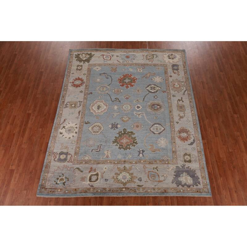 Hand Knotted Oriental 100% Wool Carpet Transitional All-Over Navy Blue & Blues Oushak Area Rug - 9' 11'' X 8' 0''