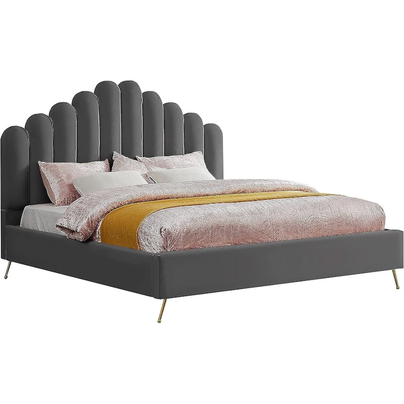 52 in.H Gray Wood Frame King Size Panel Bed with Velvet Upholstery Material and Bed Frame Mounted