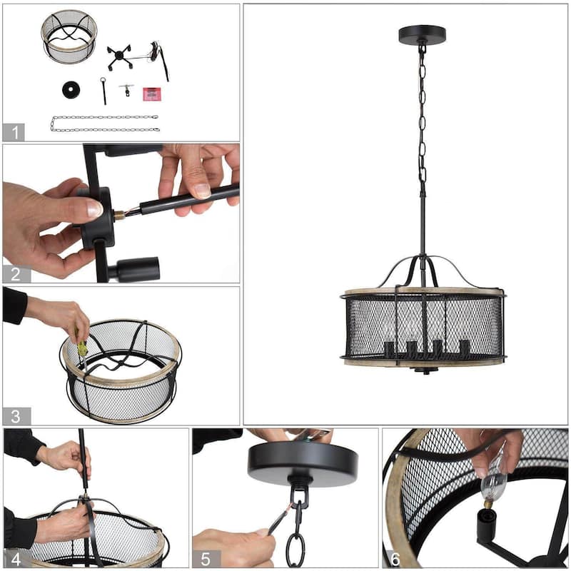 Modern Farmhouse 4-Light Drum Metal Cage Chandelier for Dining Room
