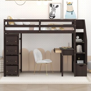 Multifunctional Design Loft Bed with Desk, Storage Stairs and Shelves, Efficient space, Twin Size