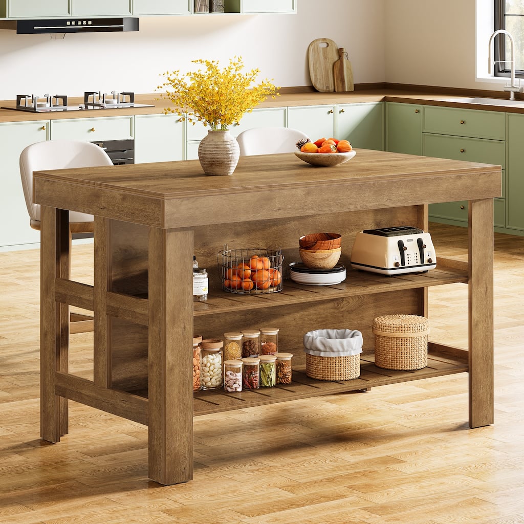 55.1-Inch Kitchen Island with Seating and Storage Shelves