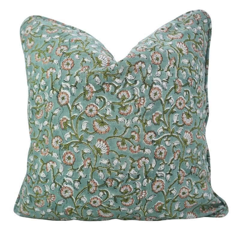 Fabdivine Handmade Floral Block Print Soft Pure Linen Fabric Pipine Pillow Cover Decorative Cushion Case